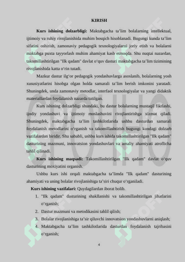 TAKOMILLASHTIRILGAN “ILK QADAM” DAVLAT O‘QUV DASTURI 4