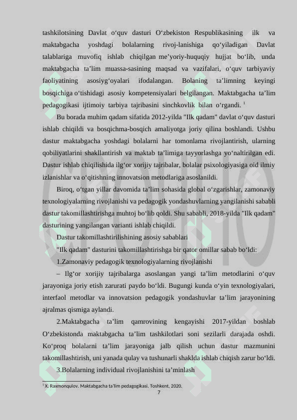 TAKOMILLASHTIRILGAN “ILK QADAM” DAVLAT O‘QUV DASTURI 7