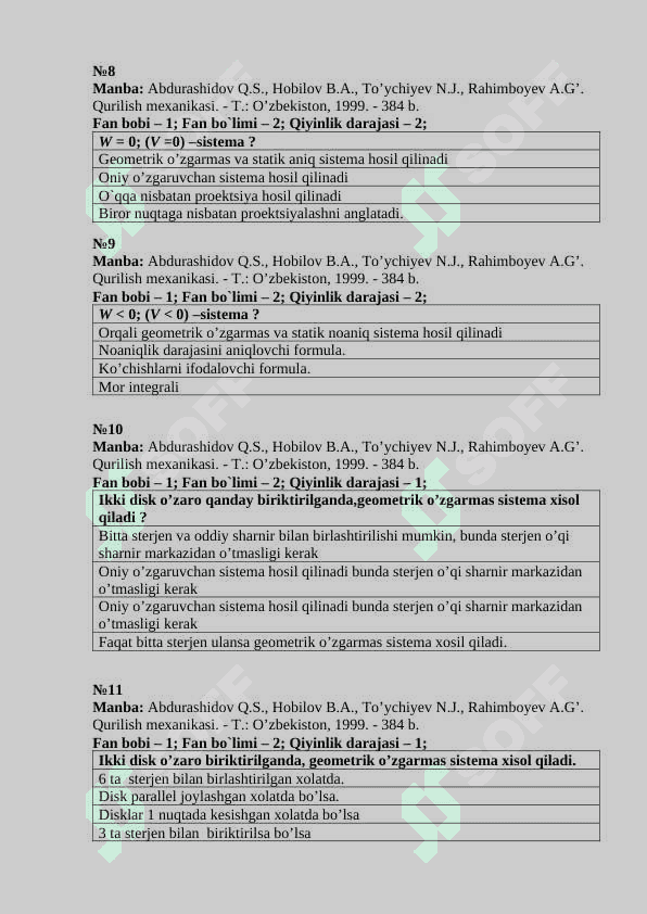Qurilish mexanikasi test 3