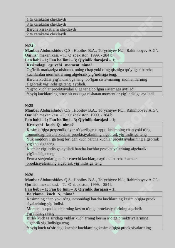 Qurilish mexanikasi test 7