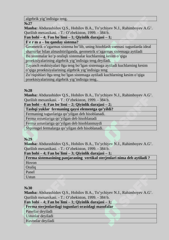 Qurilish mexanikasi test 8
