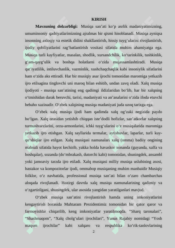 OʻZBEK XALQI MUSIQA IJODI FANINING AMALIY MASHGʻULOTLAR MAZMUNI 2