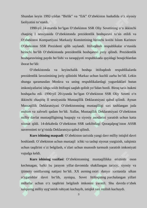O'ZBEKISTON MUSTAQILLIK OSTONASIDA RESPUBLIKADAGI TARIXIY SHART SHAROITLAR 3