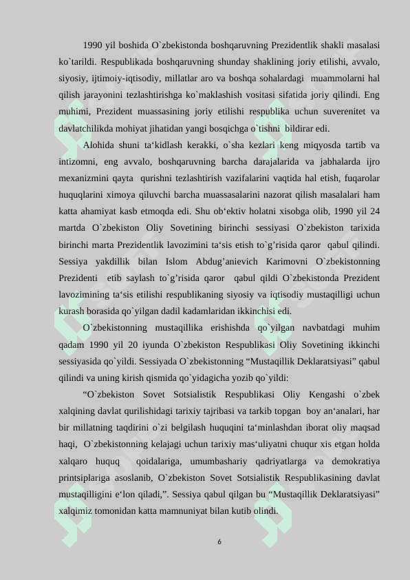 O'ZBEKISTON MUSTAQILLIK OSTONASIDA RESPUBLIKADAGI TARIXIY SHART SHAROITLAR 6