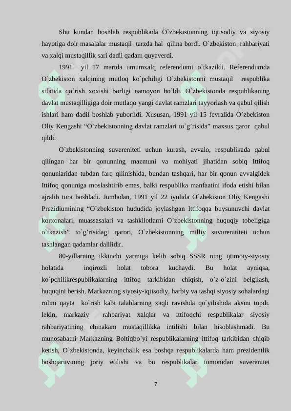 O'ZBEKISTON MUSTAQILLIK OSTONASIDA RESPUBLIKADAGI TARIXIY SHART SHAROITLAR 7