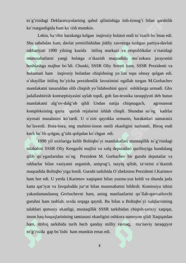 O'ZBEKISTON MUSTAQILLIK OSTONASIDA RESPUBLIKADAGI TARIXIY SHART SHAROITLAR 8