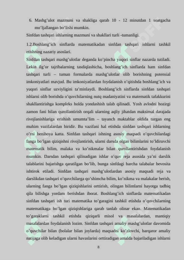 Boshlang’ich sinflarda matematikadan sinfdan tashqari ishlarni tashkil qilish 8