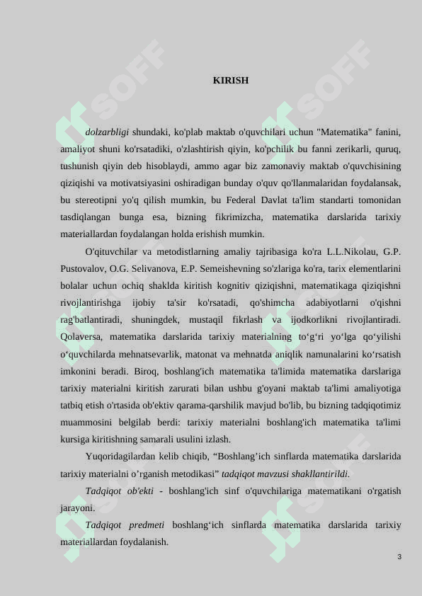 BOSHLANG`ICH SINFLARDA MATEMATIKA DARSLARIDA TARIXIY MATERIALNI O`RGANISH METODIKASI 3
