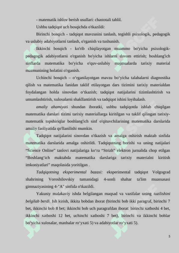 BOSHLANG`ICH SINFLARDA MATEMATIKA DARSLARIDA TARIXIY MATERIALNI O`RGANISH METODIKASI 5