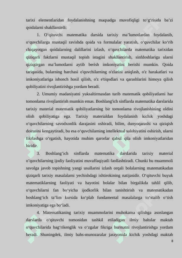 BOSHLANG`ICH SINFLARDA MATEMATIKA DARSLARIDA TARIXIY MATERIALNI O`RGANISH METODIKASI 8