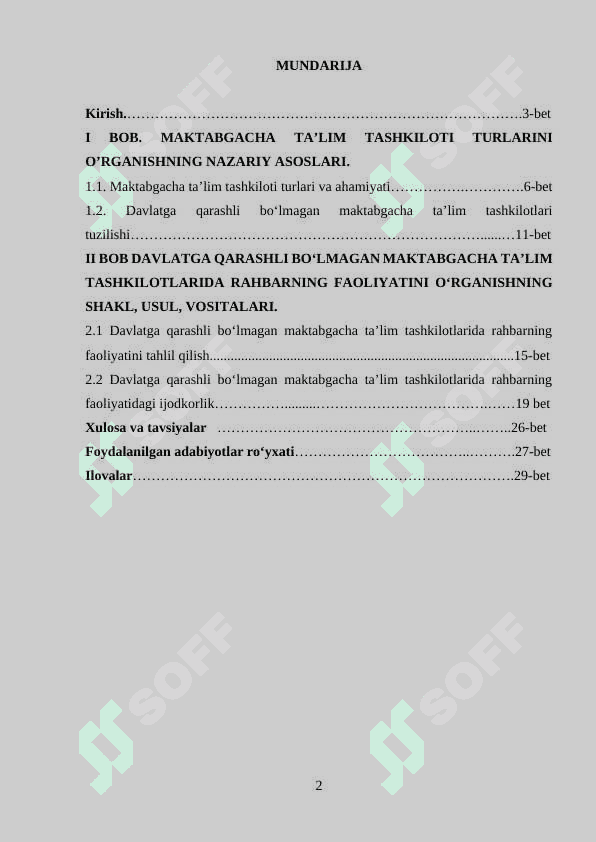 Davlatga qarashli bo‘lmagan maktabgacha ta’lim tashkilotlarida rahbarning faoliyati. 2