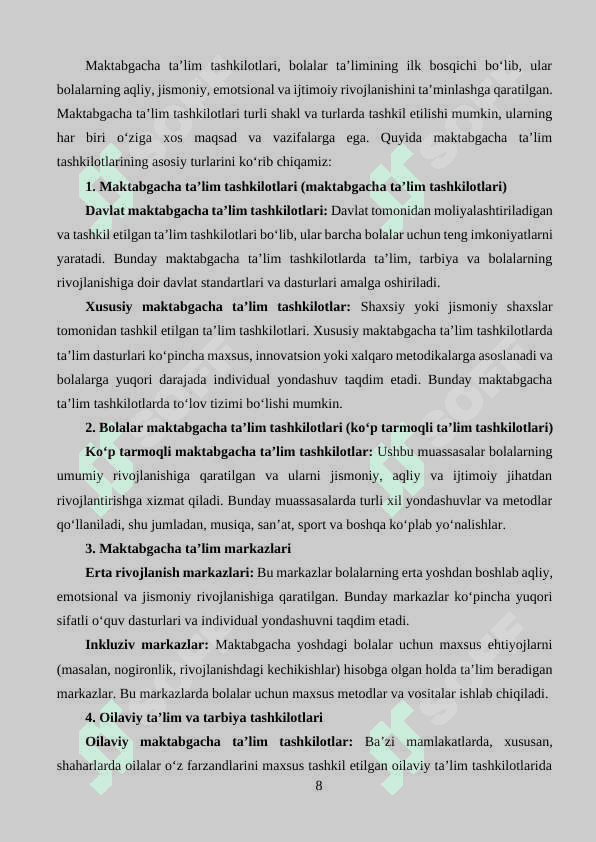 Davlatga qarashli bo‘lmagan maktabgacha ta’lim tashkilotlarida rahbarning faoliyati. 8