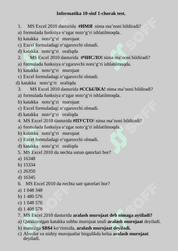 Informatika fanidan nazorat ishi 9-sinf 2