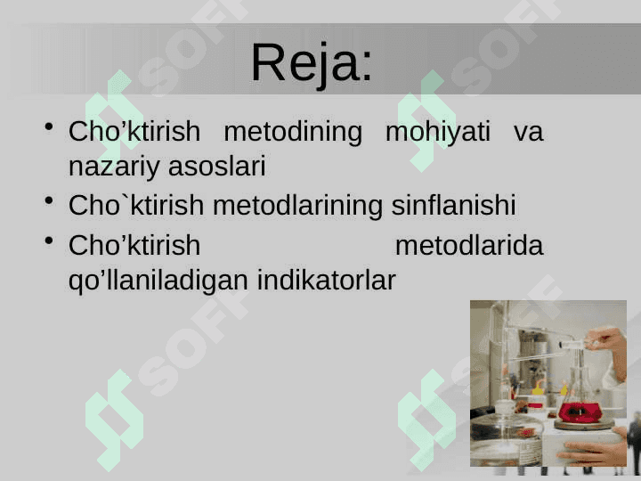 Titrlashning cho’ktirish metodi. Argentometriya. 2