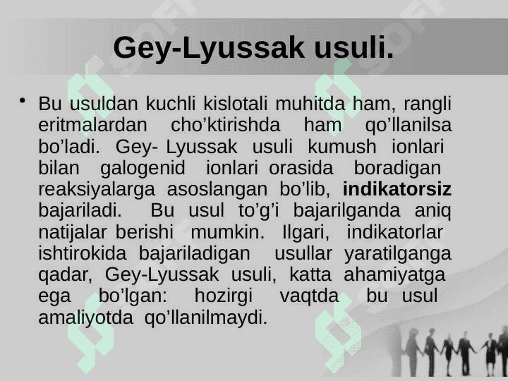 Titrlashning cho’ktirish metodi. Argentometriya. 7