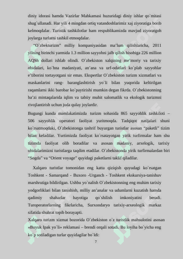 O`zbekiston Respublikasida  turizmni boshqarishda jamoat tashkilotlarining o`rni 7