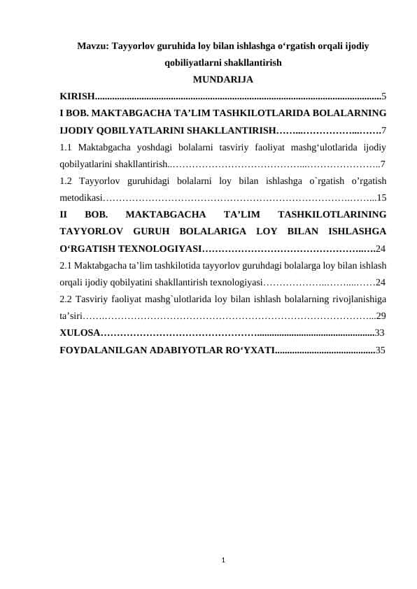 Tayyorlov guruhida loy bilan ishlashga o‘rgatish orqali ijodiy qobiliyatlarni shakllantirish