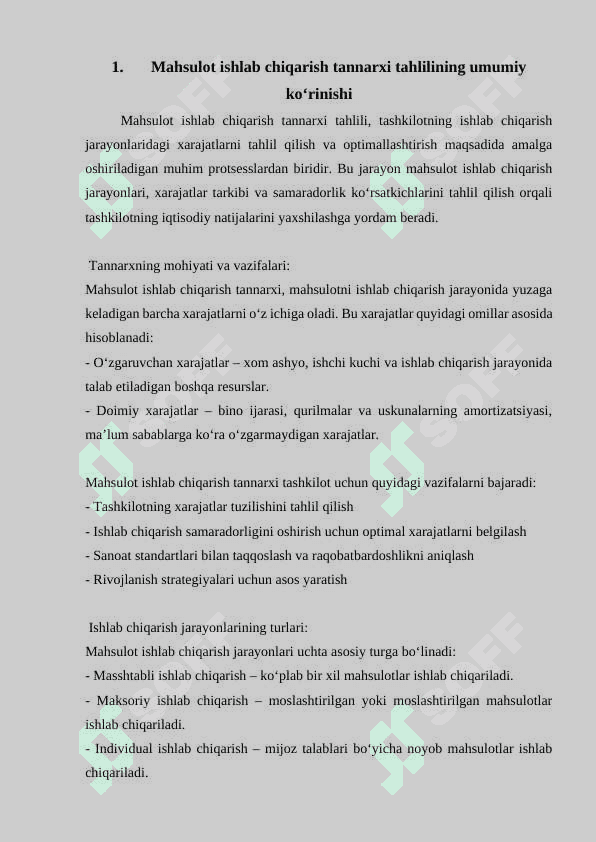 Mahsulot ishlab chiqarish tannarxi tahlili 2