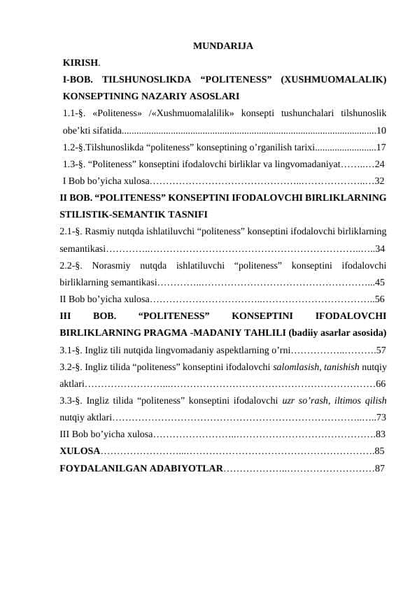 “POLITENESS” KONSEPTINI IFODALOVCHI BIRLIKLARNING LINGVOMADANIY TADQIQI (ingliz tili misolida)