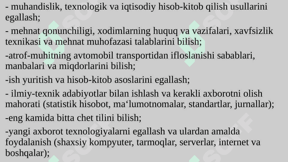 Texnik tizim bakalavri, magistri va muhandisining ishbilarmonlik xususiyatlari va ularga qo‘yiladigan talablar. 8