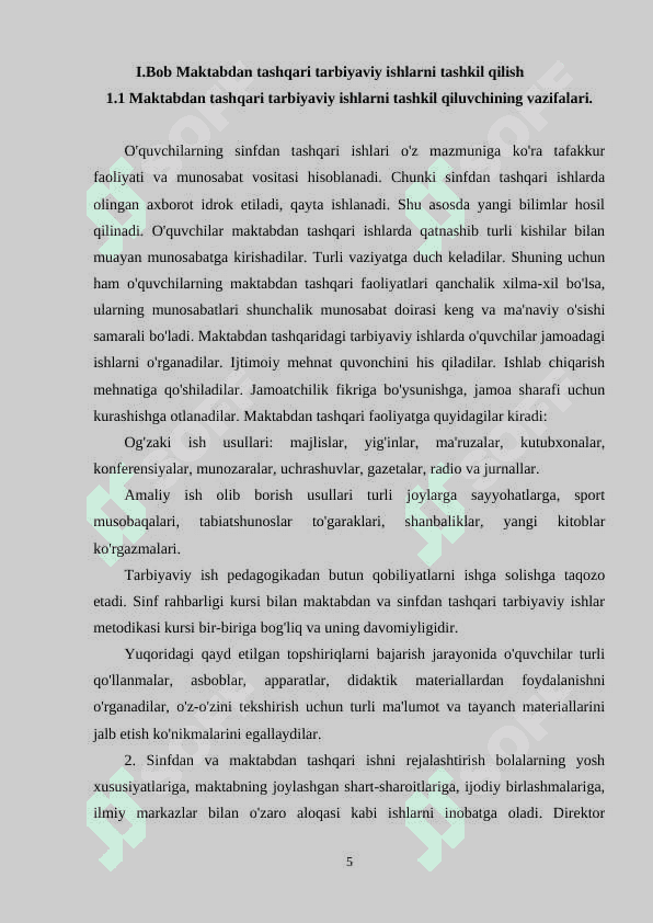 SINFDAN VA MAKTABDAN TASHQARI ISHLARNING O’QUVCHILAR FAOLIYATIDAGI O’RNI 5