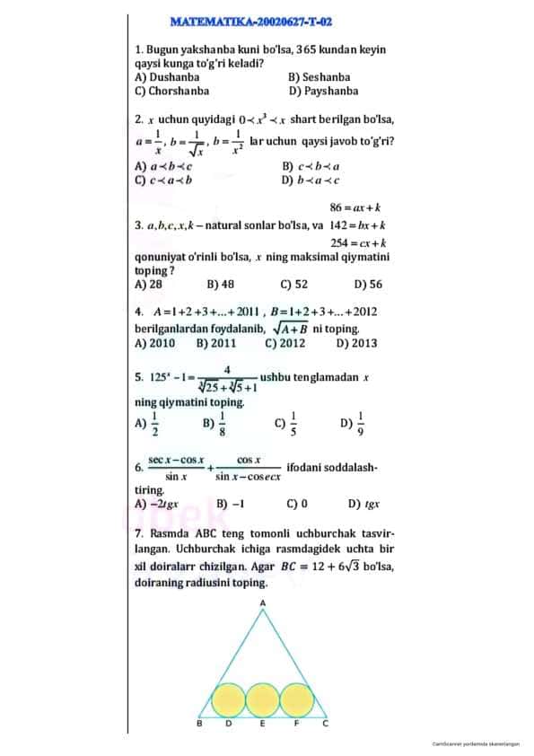 Matematika DTM savollari