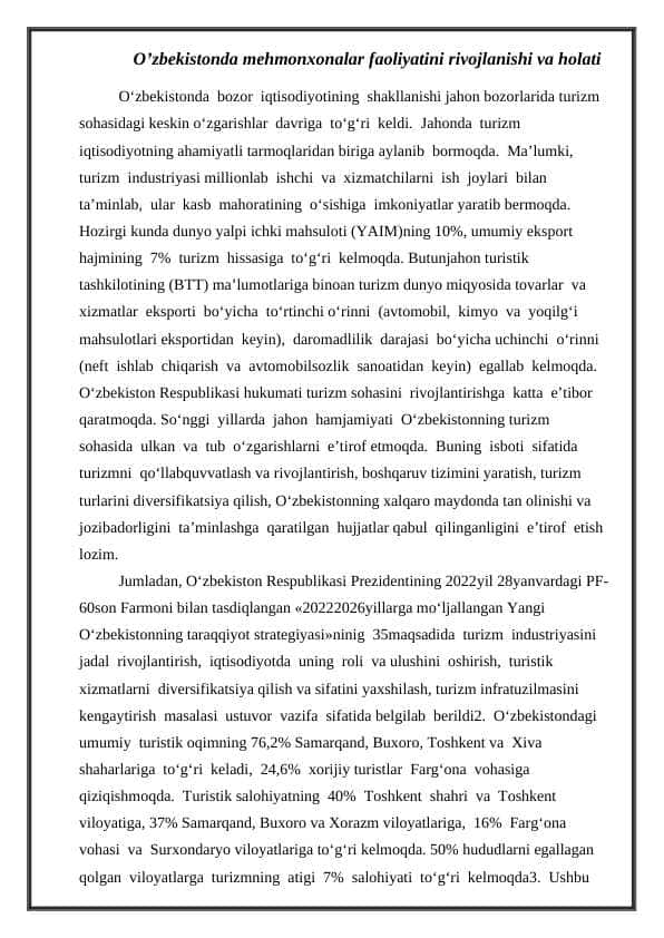 O’zbekistonda mehmonxonalar faoliyatini rivojlanishi va holati