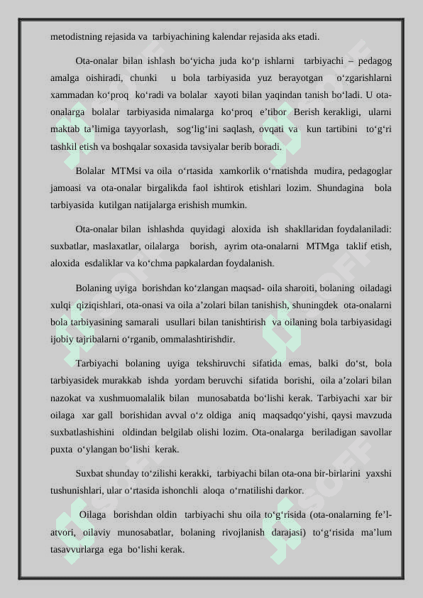 Oila va Maktabgacha ta’lim tashkiloti. Onalik va bolalikni himoya qilish bo’yicha maktabgacha ta’lim tahkilotlarida amalga oshirilgan ishlarning mazmuni 3