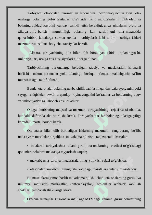Oila va Maktabgacha ta’lim tashkiloti. Onalik va bolalikni himoya qilish bo’yicha maktabgacha ta’lim tahkilotlarida amalga oshirilgan ishlarning mazmuni 4