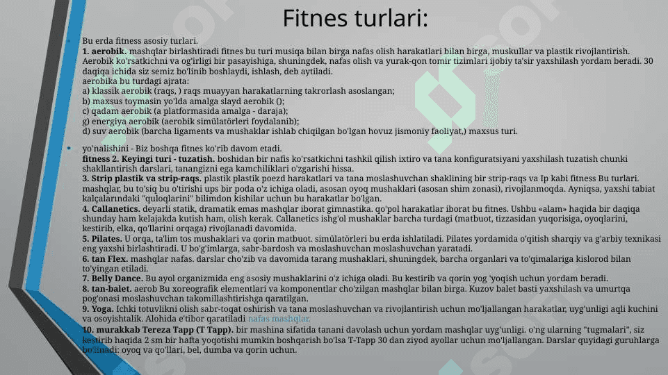 Fitnes tushunchasi, turli yo’nalishlari va usullari. 7