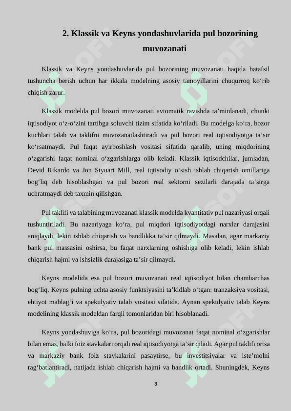 Klassik va Keyns modellarida pul bozoridagi muvozanat 8