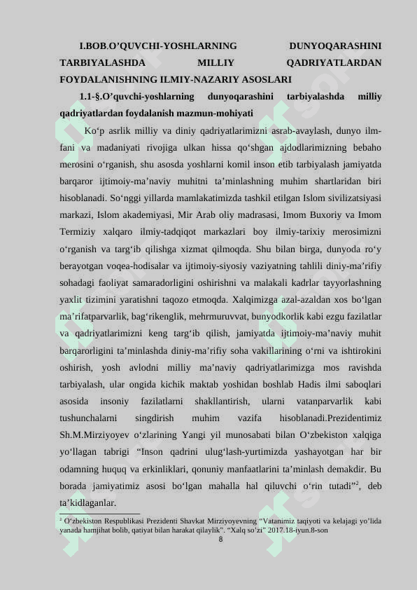 O’QUVCHI YOSHLAR DUNYOQARASHINI TARBIYALASHDA MILLIY QADRIYATLARDAN FOYDALANISH USULLARI 8