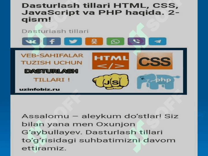 Java script, java, python, ruby,php objective-c dasturlash tizmida yaratish uslubini o’rganish. 6