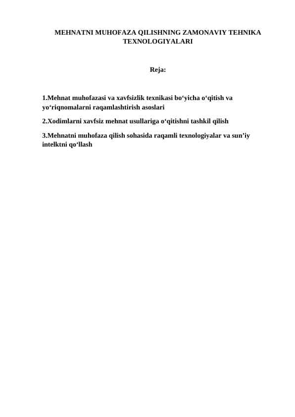 MEHNATNI MUHOFAZA QILISHNING ZAMONAVIY TEHNIKA TEXNOLOGIYALARI