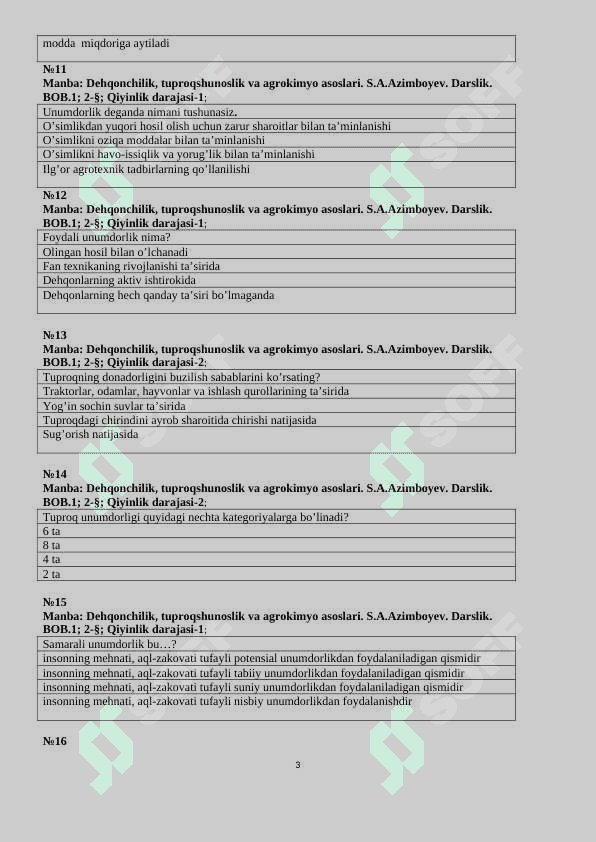 Dehqonchilik va melioratsiya test 3