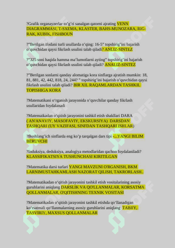 "Matematika oʻqitish metodikasi" fanidan savollar (javoblari bilan) 3