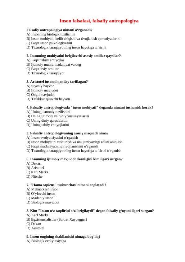 Inson falsafasi, falsafiy antropologiya mavzusida 20 talik test javoblari bilan