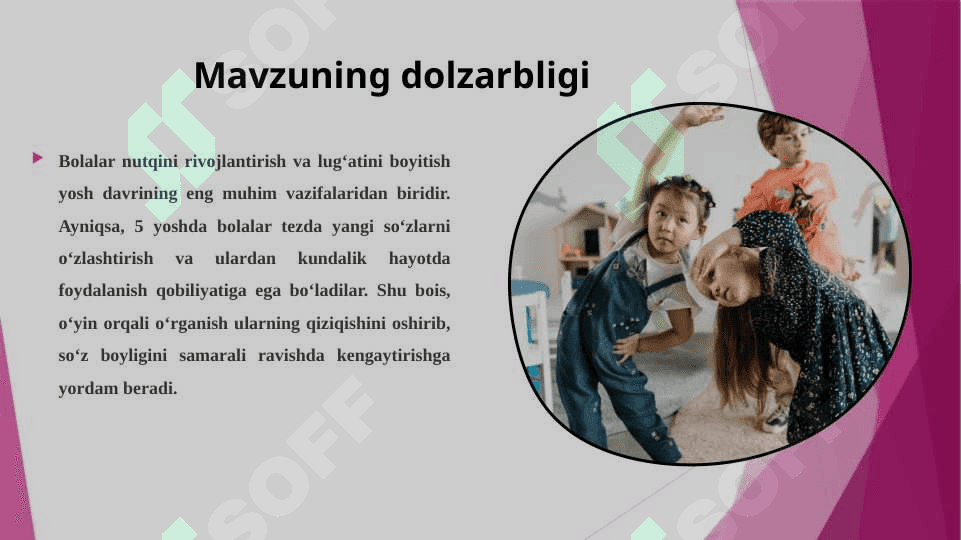 O'yinning asosiy tarkibiy qismlari mavzu, syujet, rol o'yin mazmuni 4