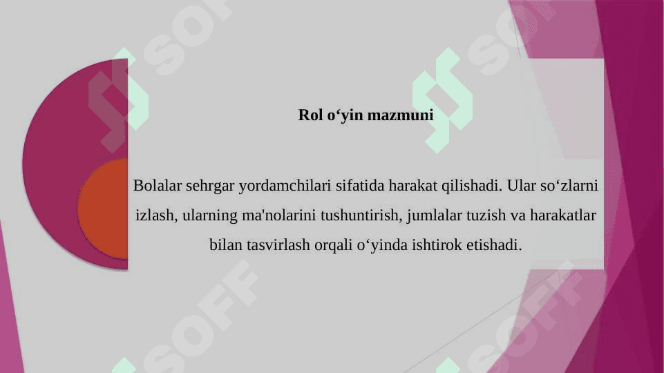 O'yinning asosiy tarkibiy qismlari mavzu, syujet, rol o'yin mazmuni 7