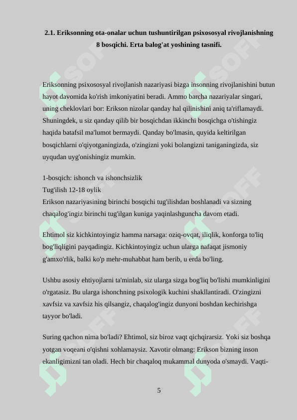 Erta balog'at yoshidagi psixososyal rivojlanish:oila,ish va turmush tarzi 5