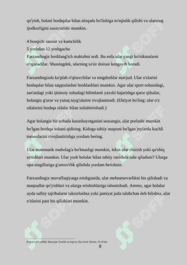 Erta balog'at yoshidagi psixososyal rivojlanish:oila,ish va turmush tarzi 8