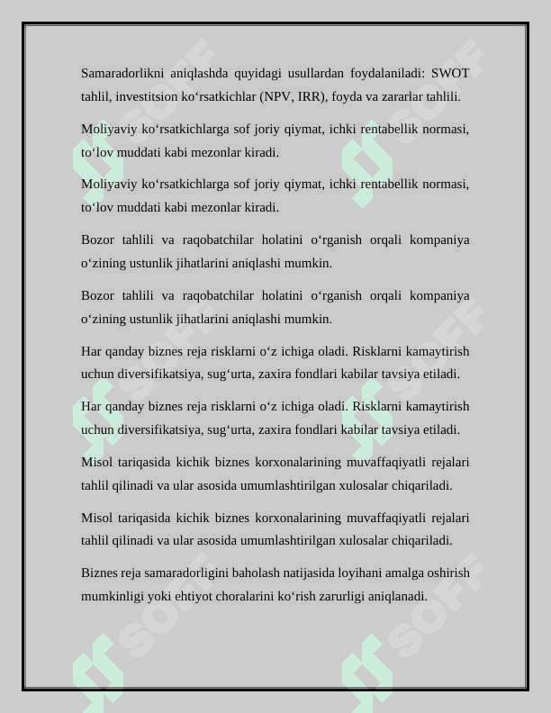 Biznes reja samaradorligini asoslash 4