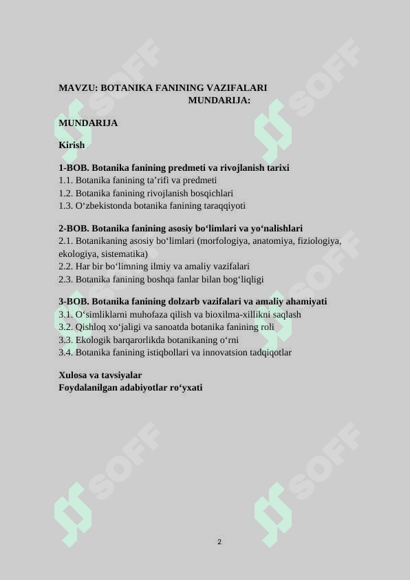 MAVZU: BOTANIKA FANINING VAZIFALARI. KURS ISHI 2