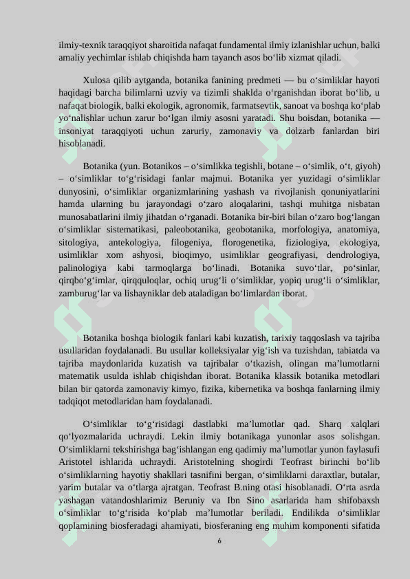 MAVZU: BOTANIKA FANINING VAZIFALARI. KURS ISHI 6