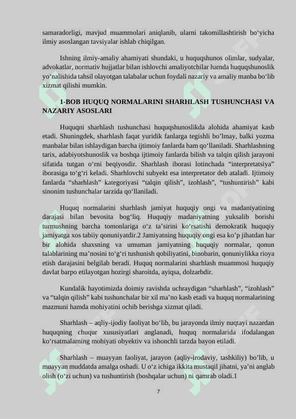 MAVZU: HUQUQ NORMALARINI SHARHLASH USULLARI. Kurs ishi 7