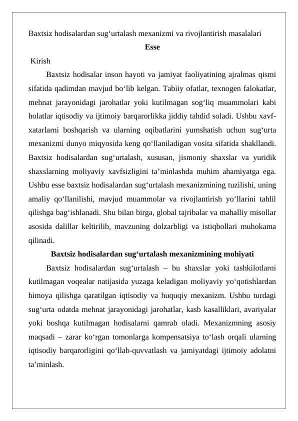 Baxtsiz hodisalardan sug‘urtalash mexanizmi va rivojlantirish masalalari esse