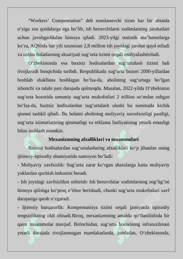 Baxtsiz hodisalardan sug‘urtalash mexanizmi va rivojlantirish masalalari esse 3