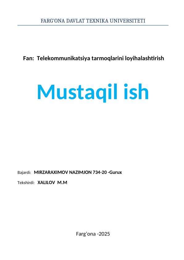 Mavzu: Local Area Network (LAN) texnologiyalari va loyihalash.