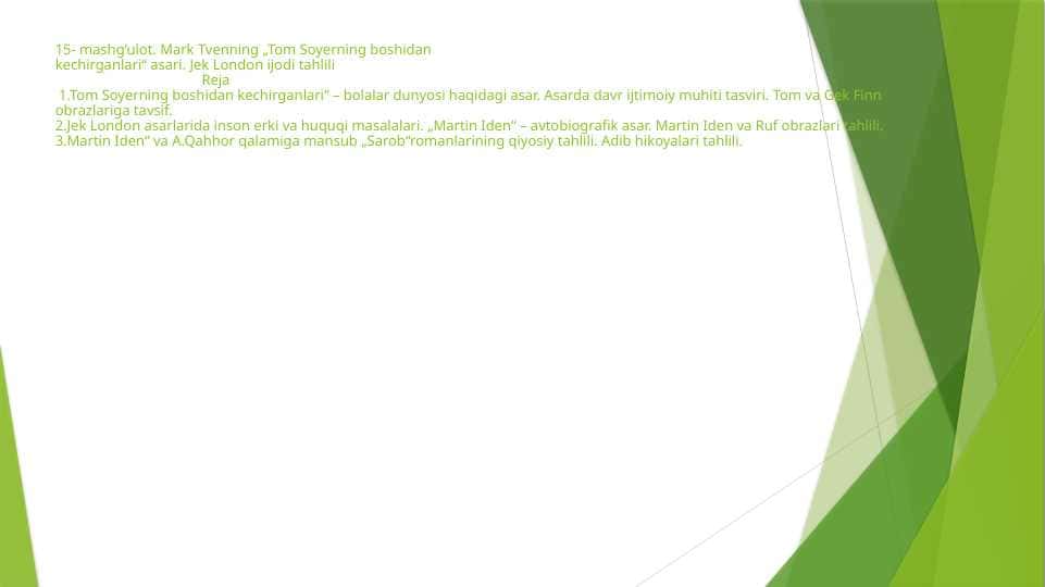 Mark Tvenning „Tom Soyerning boshidankechirganlari“ asari. Jek London ijodi tahlili