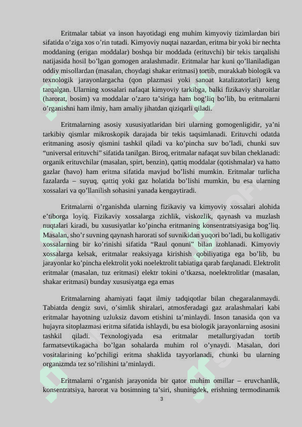 MAVZU: ERITMIALAR VA ULARNING HOSSLALARI. Referat 3